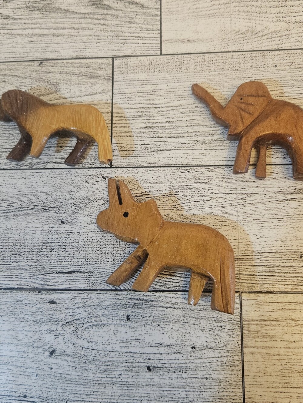 Lot of 3 Hand Carved Wood Animal Figurines Miniature Elephant Lion Rhino